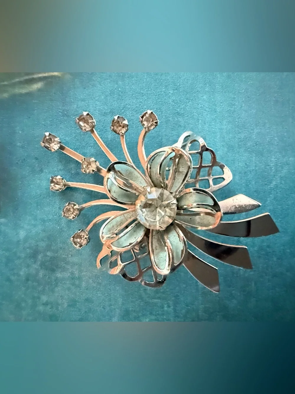 Silver Floral Crystal Brooch - Aqua Petal Accent